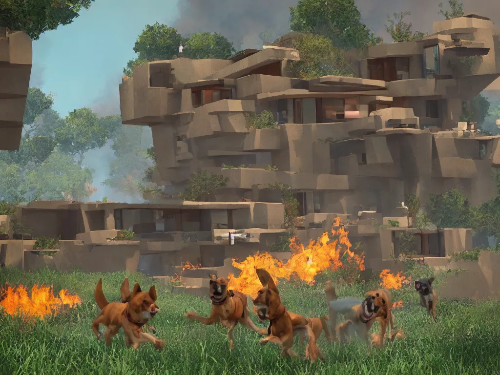 Image similar to three dogs running away from a Frank Lloyd Wright designed villa being consumed by climate change wildfire, in a platformer video game style of Inside game sumerville game limbo game