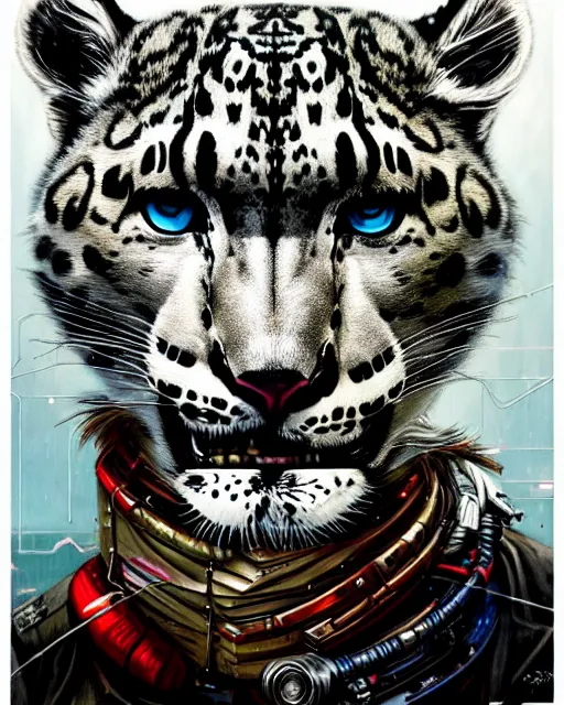 Image similar to a portrait of an anthropomorphic cyberpunk snow leopard by sandra chevrier, by jon foster, detailed render, tape deck, epic composition, cybernetics, 4 k realistic, cryengine, realistic shaded lighting, sharp focus, masterpiece, by enki bilal