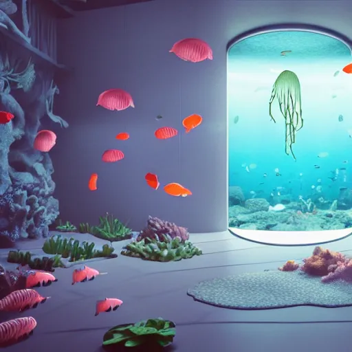 Prompt: photo of the modern fashionable room as aquarium with a chandelier as a big jellyfish, beautiful corals on the walls and dangerous sharks on the big panoramic window, a lot of gleans, under the ocean, realistic colors, realistic shadows, daylight made in blender and cinema 4 d, hd, 3 d by beeple and by greg rutkowski