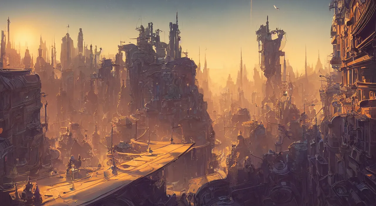 Image similar to a street level painting towards the horizon with high detail, sci - fi colorful victorian city with a victorian astronaut in the foreground at sunrise with sharp shadows by tyler edlin and sparth, wide angle lens, 4 k, vray, art nouveau influences. roger deakins, cinematic cinematography.