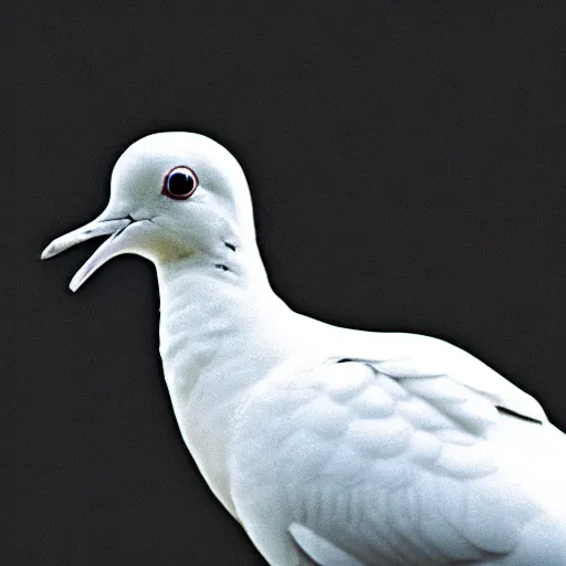 Image similar to a realistic photo of a white dove on a solid black background, high contrast, 8k, film grain, highly detailed