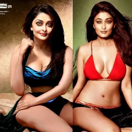 Image similar to a photo of aishwarya rai and kareena kapoor in bikini, together in bed, hyper realistic, hyper detailed