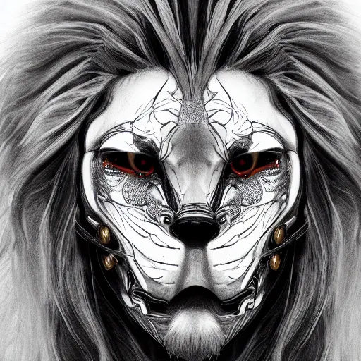 Image similar to Very very very very highly detailed epic zoom out photo of full face with lion robber venetian mask, intricate, dystopian, sci-fi, extremely detailed, digital painting, artstation, concept art, smooth, sharp focus, illustration, intimidating lighting, incredible art by Artgerm and Vincent di Fate