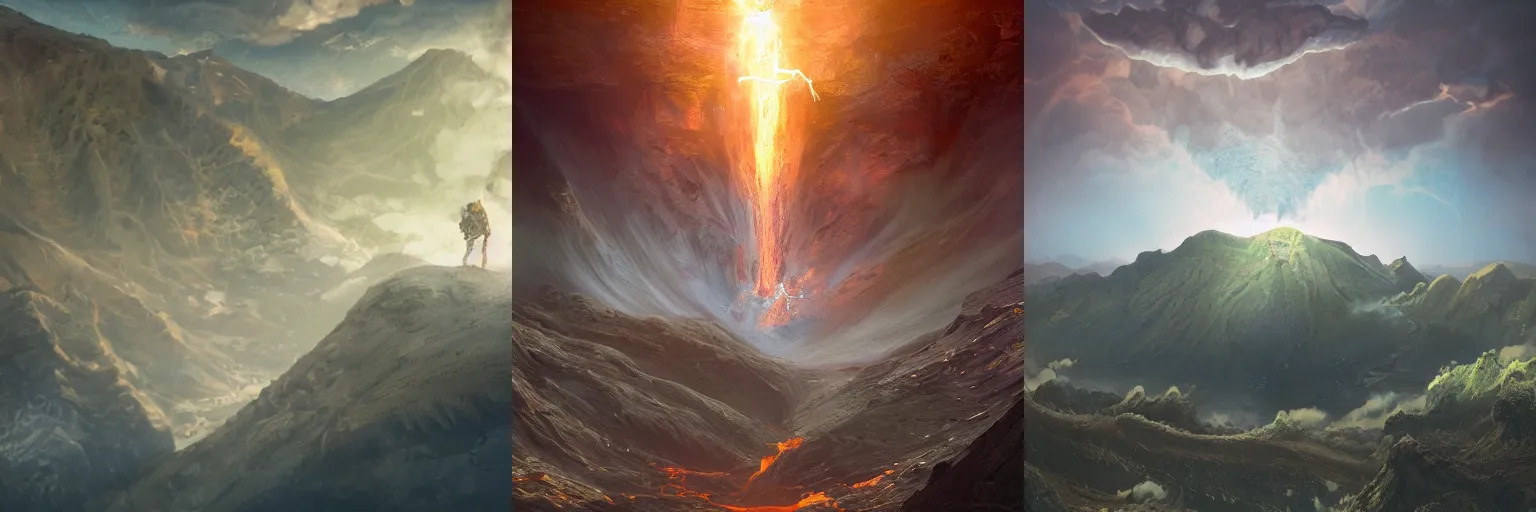 Prompt: down shot of a volcano crater, yaw 6 0 degrees, backlit, highly detailed, soft ambient lighting, sharp focus, rule of thirds, epic, masterpiece, digital art, artgerm, wlop, arney freytag, rossdraws, frank frazetta, andrei riabovitchev, hd, octane, 4 k