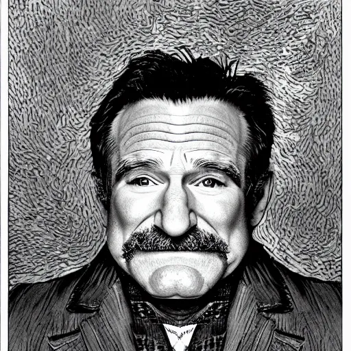 Prompt: portrait of robin williams, caricature,, mashup between mc escher and vincent van gogh