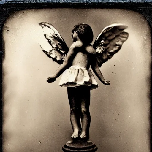 Prompt: closeup wet plate photograph of an angel dancing on the head of a pin, daguerreotype, collodion photography, studio lights, eye catching, exaggerated texture