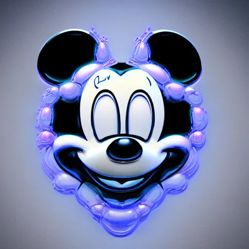 Prompt: counterfeit mickey mouse head, fractal, broken, LSD, wet, melting, fractured, mycelium, radiant alien, rococo, baroque, automotive, bio-mechanical, porcelain, iridescent, sub surface scattering, unreal engine, octane render