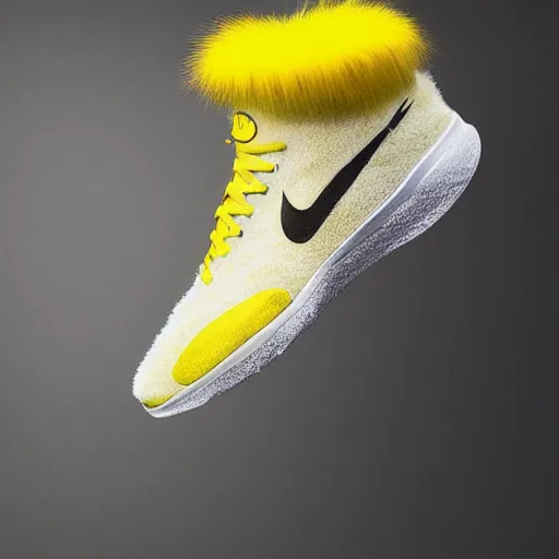 Image similar to poster nike shoe made of very fluffy yellow faux fur placed on reflective surface, professional advertising, overhead lighting, heavy detail, realistic by nate vanhook, mark miner