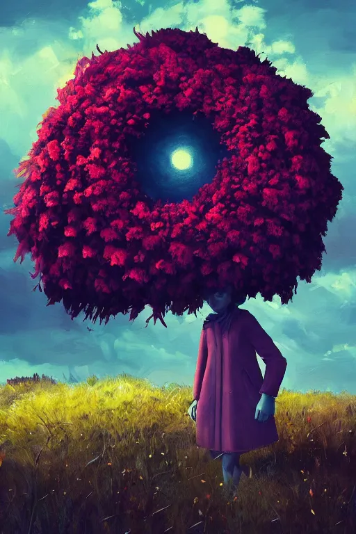 Image similar to portrait of giant flower head, a girl with coat between bushes, surreal photography, wind and cold, dramatic sky, impressionist painting, digital painting, artstation, simon stalenhag