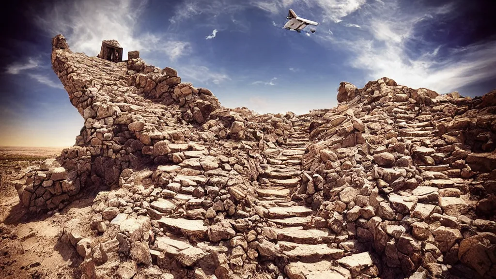 Image similar to a ruin of rocky stairs going up into the sky in the middle of a desert plane, surrealism photography by Sarolta Bán