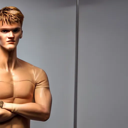 Image similar to a realistic detailed photo of a guy who is an attractive humanoid who is half robot and half humanoid, who is a male android, soccer player martin ødegaard, shiny skin, posing like a statue, blank stare, in a living room, on display, showing off his muscles