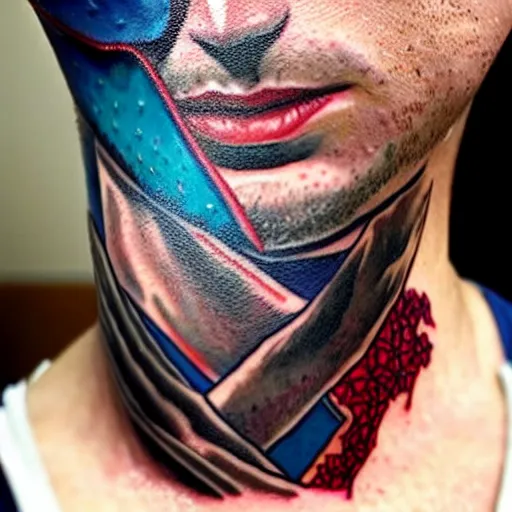 Image similar to a portrait of a man with side profile blood in ocean intricate details :: tattoo on neck :: wearing a mask by MARVEL comics and Sandra Chevrier