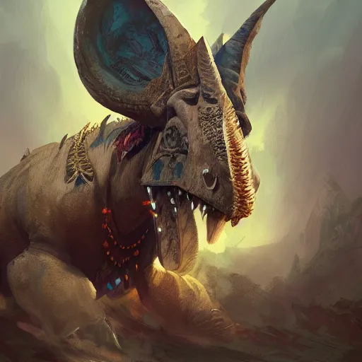 Image similar to triceratops with aztec headdress, greg rutkowski, digital illustration, concept art, dnd, face, fantasy, intricate, elegant, highly detailed, digital painting, artstation, full body, long shot, cinematic lighting