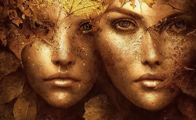 Image similar to golden leaves at frame border, creative!!! composition for a book cover!!!, absurdly beautiful, ultrafine hyperrealistic detailed old witch face by wlop and artgerm and greg rutkowski, intricate linework, sharp focus, smooth, octopath traveler, final fantasy, unreal engine, dramatic lighting, ethereal, 8 k