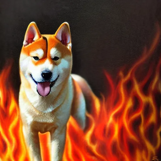 Prompt: shiba inu dog on fire, hyper realistic, dramatic lighting, painted by notman rockwell