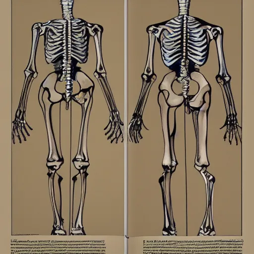 Image similar to differents sketches of skeleton with perspective, anatomic description from medecine book, high resolution, highly detailed, 8 k