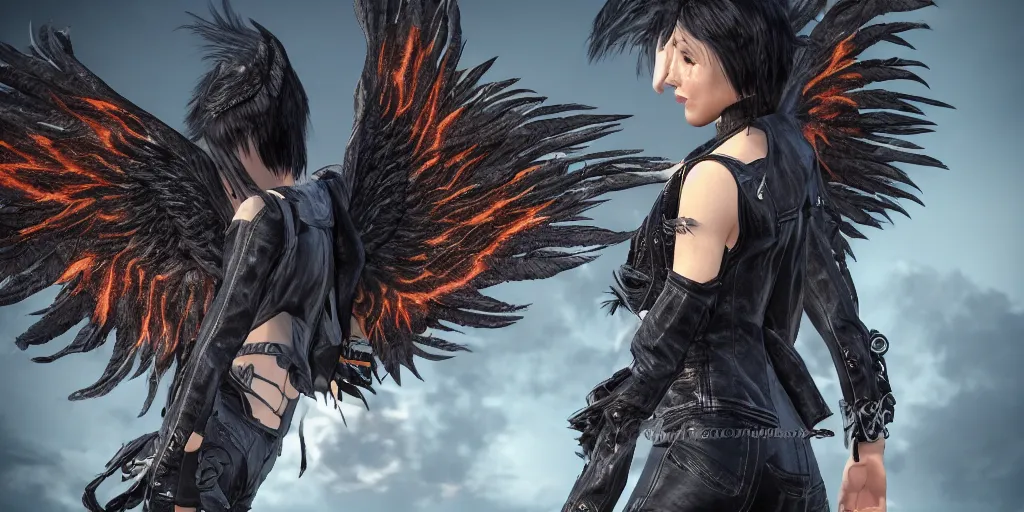 Prompt: a woman with black hair and a leather jacket with phoenix wings, character portrait, unreal engine 5, intricate, detailed, realistic, masterpiece