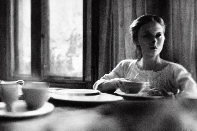 Prompt: soviet movie still a soviet woman sitting at a table next to the window with food, dark warm light, a character portrait by margarita terekhova, movie stalker solaris film still by andrei tarkovsky, 8 k, 1 9 8 4, close - up bokeh, gelios lens, color, noir