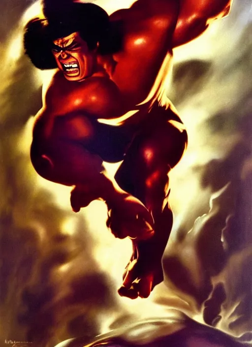 Prompt: The hulk, powerful, angry by Rolf Armstrong