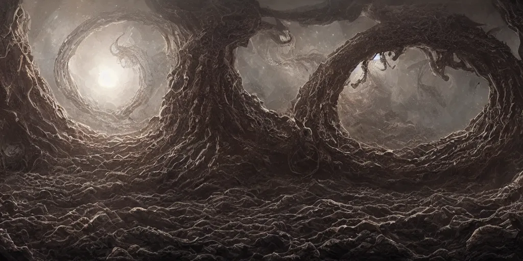 Image similar to depiction of yog - sothoth, dark colour, matte painting, concept art, highly detailed