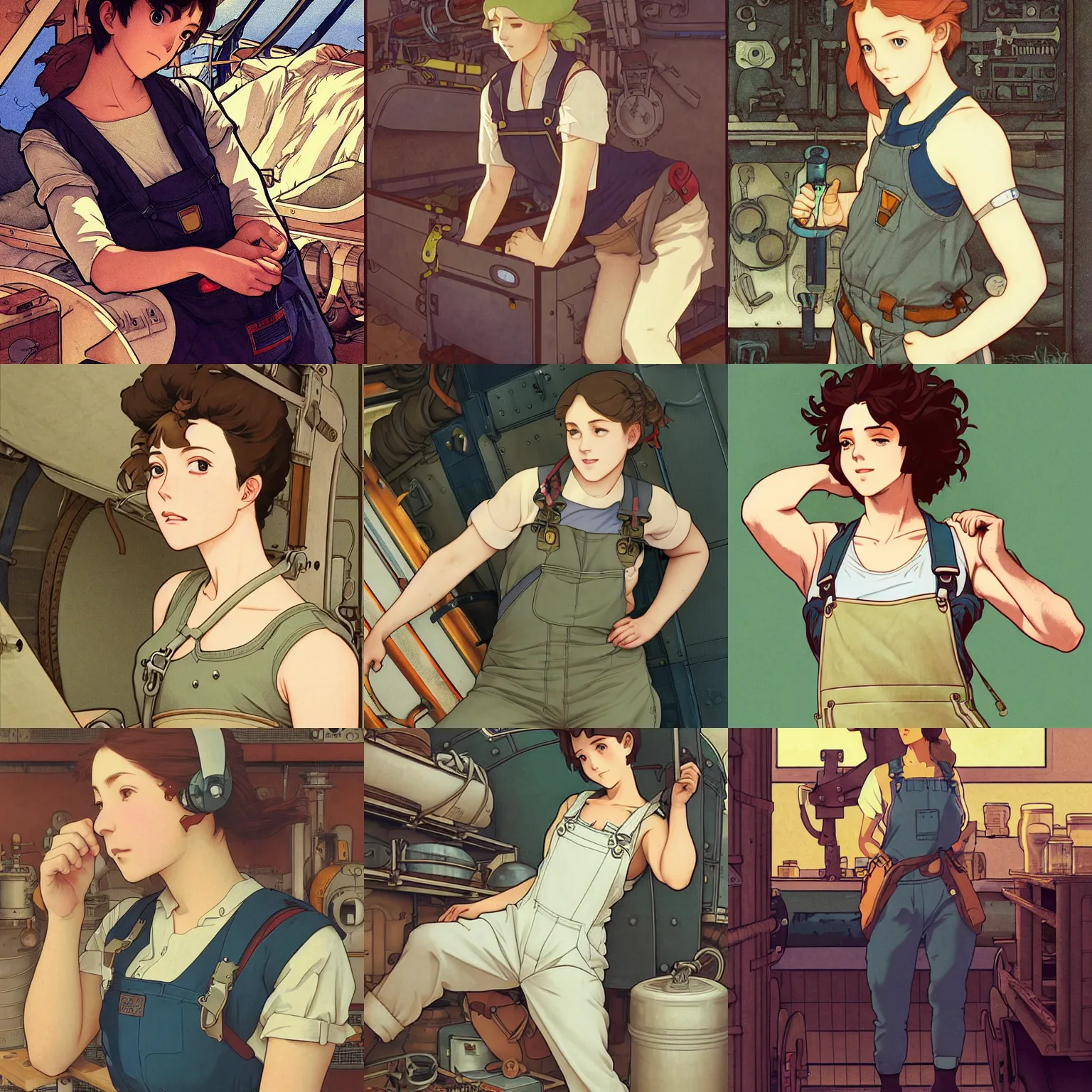 Prompt: an airship mechanic wearing a tank top and overalls lying in her cramped bunk, finely illustrated face, highly detailed, colored pencil, studio ghibli, tankobon, in the style of ilya kuvshinov and krenz cushart and william - adolphe bouguereau and alphonse mucha