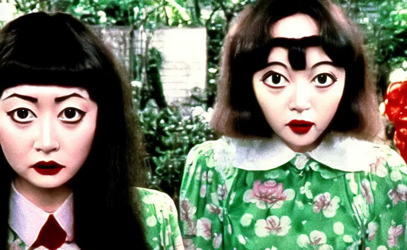 Prompt: film still of Hausu (ハウス) (1977), 4k restoration, Criterion, clear eyes