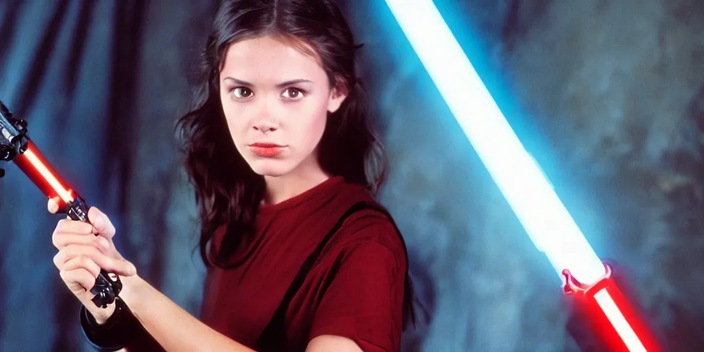 Image similar to a full color still of a young adult brunette girl holding a lightsaber hilt, cinematic lighting, 1999, directed by Steven Spielberg, 35mm