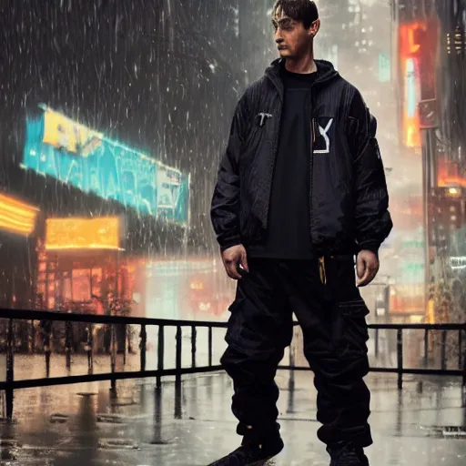 Image similar to A man wearing Merrell x Ant 1 of 1 rare archival garment-dyed jacket and Acronym P38-E pants and Nike x Acronym Blazer Low sneakers, Police sirens shining in far background, high quality, digital art, dirty cyberpunk city, rain, greg rutkowski