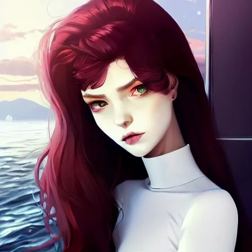 Image similar to beautiful pale vampire with auburn hair in a white turtleneck dress, on a super yacht, by guweiz and wlop and ilya kuvshinov and and moebius and bilal and artgerm, symmetrical eyes, aesthetic, gorgeous, stunning, alluring, attractive, artstation, deviantart, pinterest, digital art