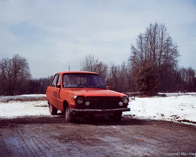 Image similar to a lomographic photo of old lada 2 1 0 7 standing in typical soviet yard in small town, hrushevka on background, cinestill, bokeh