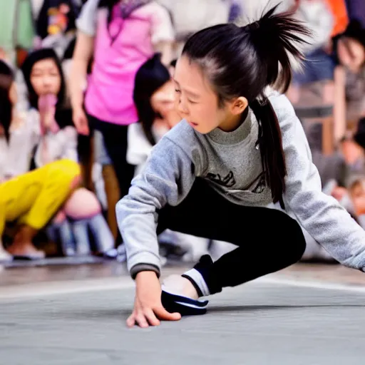 Image similar to a still photo of a young japanese girl breakdancing