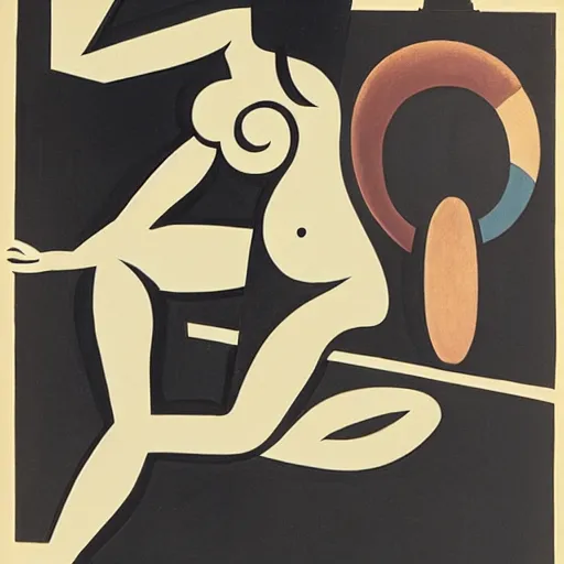 Image similar to graphic design exciting by juan gris. the body art shows venus seated on a crescent moon. she is surrounded by the goddesses ceres & bacchus, who are both holding cornucopias.