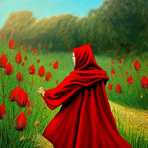 Image similar to painting of little red riding hood walking through a meadow of datura flowers, realistic