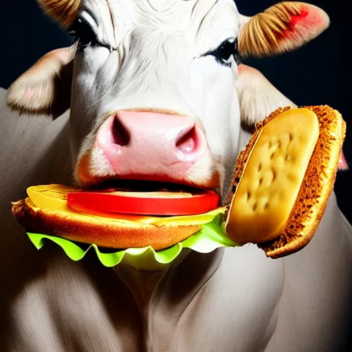 Image similar to a cow very happy about eating a cheese burger, highly detailed, photorealistic portrait, bright studio setting, studio lighting, crisp quality and light reflections