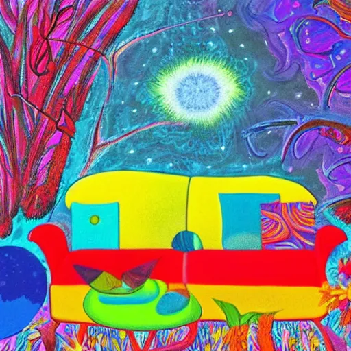 Prompt: psychedelic couch in the lush forest, planets, flowers, milky way, sofa, cartoon by eric carle