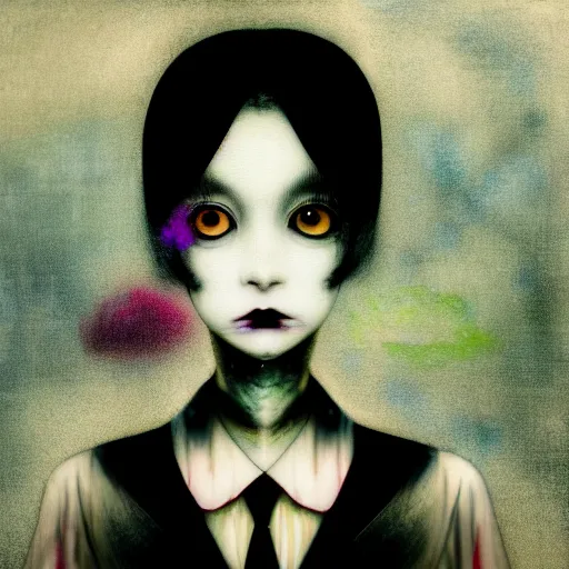 Image similar to yoshitaka amano blurred and dreamy realistic three quarter angle portrait of a young woman with black lipstick and black eyes wearing dress suit with tie, junji ito abstract patterns in the background, satoshi kon anime, noisy film grain effect, highly detailed, renaissance oil painting, weird portrait angle, blurred lost edges