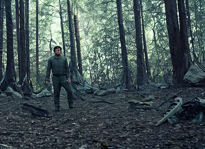 Image similar to first official image from paul thomas anderson's new space opera film starring pedro pascal on an alien forest planet. shot on alexa mini, stunning cinematography, filmgrain, kodak vision 2 0 0 t, shot composition