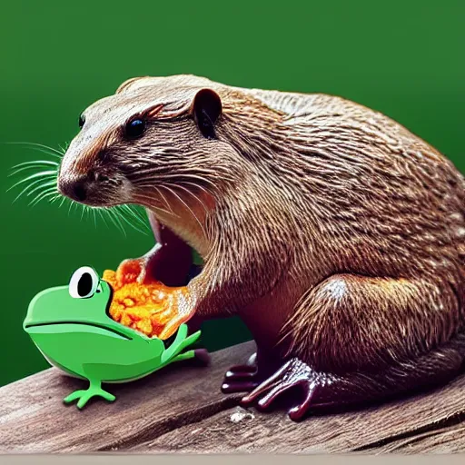 Image similar to “ a beaver eating a frog, animated ”