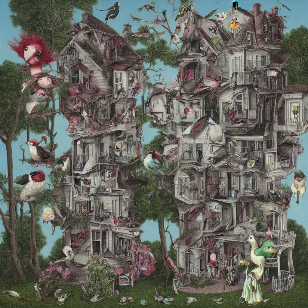 Image similar to anamorphic birds walking past a house, lowbrow surrealistic, in the style of Mark Ryden,