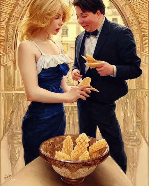 Prompt: Portrait of a blonde lady and Michael mcintyre eating ice creams in Porto,real life skin, intricate, elegant, highly detailed, artstation, concept art, smooth, sharp focus, art by artgerm and greg rutkowski and alphonse mucha