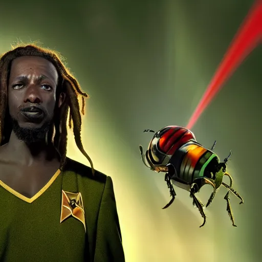 Image similar to rastafarian star trek character fighting space beetles while smoking, 4k, tv still,