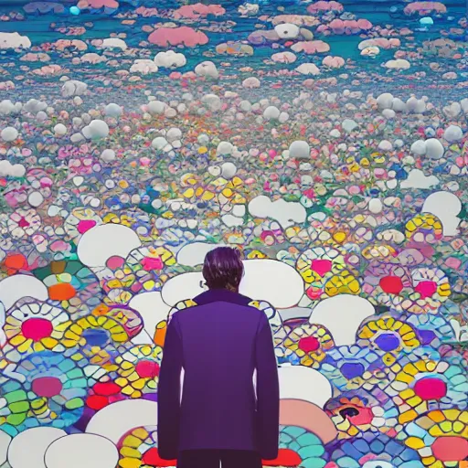 Image similar to a man walking on clouds away from the camera above kyoto by takashi murakami, beeple and james jean, aya takano color style, 4 k, super detailed, modern, 4 k, symmetrical