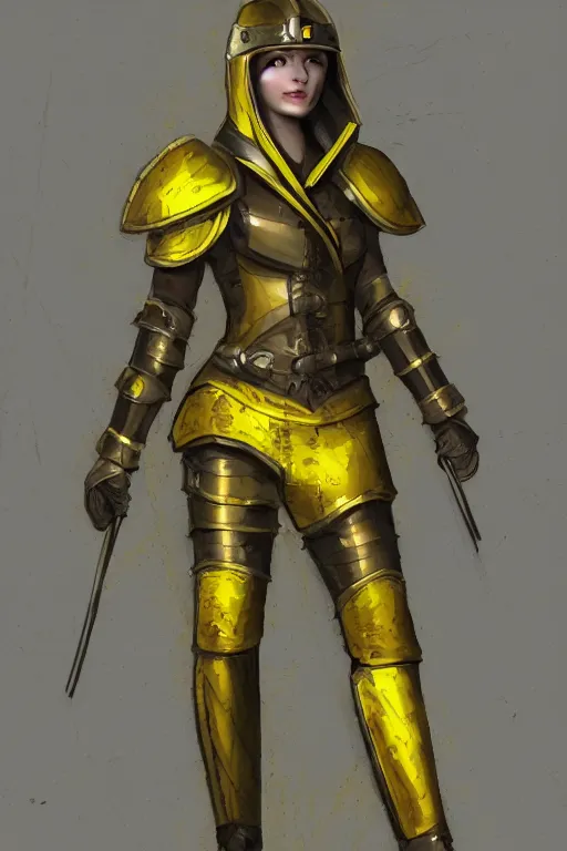 Image similar to female adventurer in tight full - body canary yellow gambeson leather armor of italian design with diamond pattern and black accents and a closed armet helmet, trending in artstation, establishing shot