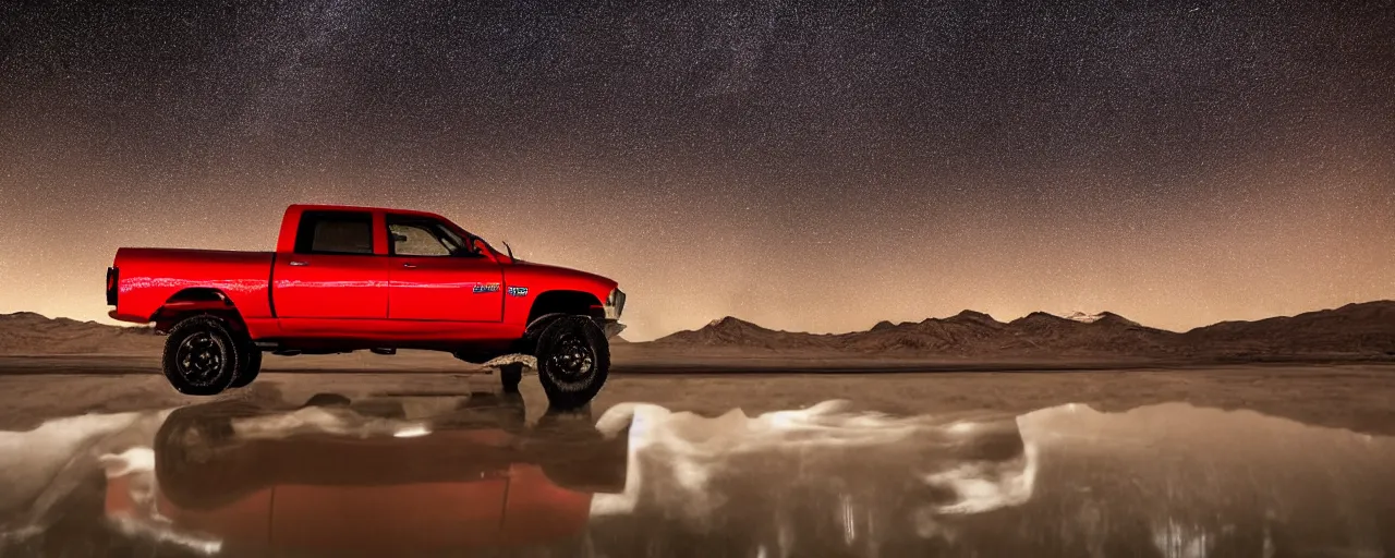 Prompt: dodge ram red power wagon speeding on wet salt flats at night, reflections, long exposure, milky way, Sayem Reza, poster