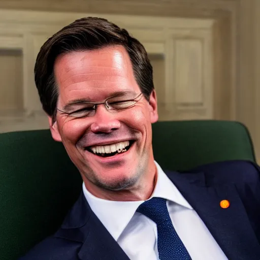 Image similar to closeup portrait of mark rutte dutch prime minister laughing, photography