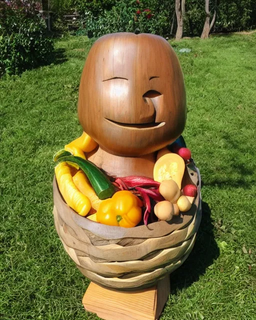 Prompt: wooden carving statue of a basket of vegetables, product picture, ebay listing thumbnail