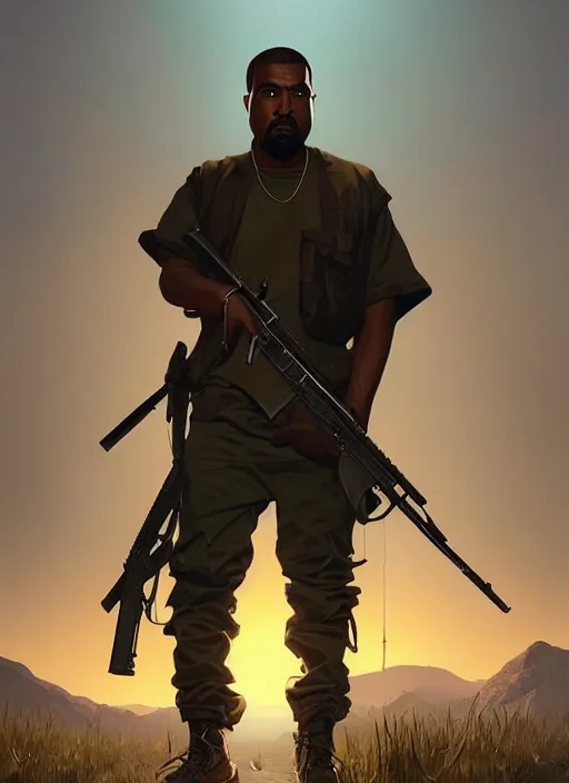 Image similar to highly detailed portrait kanye west holding rifle in gta v stephen bliss unreal engine fantasy art by greg rutkowski loish rhads ferdinand knab makoto shinkai lois van baarle ilya kuvshinov rossdraws tom bagshaw global illumination radiant light detailed intricate environment