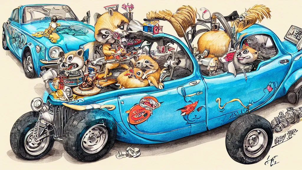 Prompt: cute and funny, racoon riding in a tiny hot rod coupe with oversized engine, ratfink style by ed roth, centered award winning watercolor pen illustration, hyperdetailed isometric illustration by chihiro iwasaki, edited by range murata