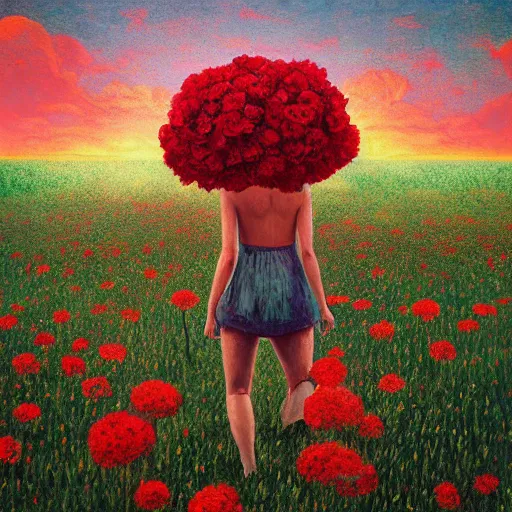 Image similar to giant red carnation head, full body, girl walking in the middle of a field with flowers, surreal photography, hills, sunrise dramatic light, impressionist painting, colorful clouds, digital painting, pointillism, artstation, simon stalenhag