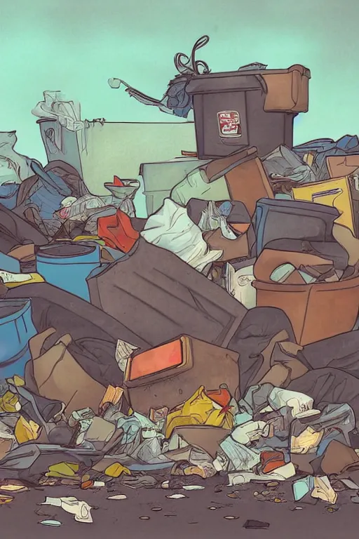 Prompt: fullstack of trash, realistic, art by jacqueline e, color by tafy laplanche, background by bo feng lin